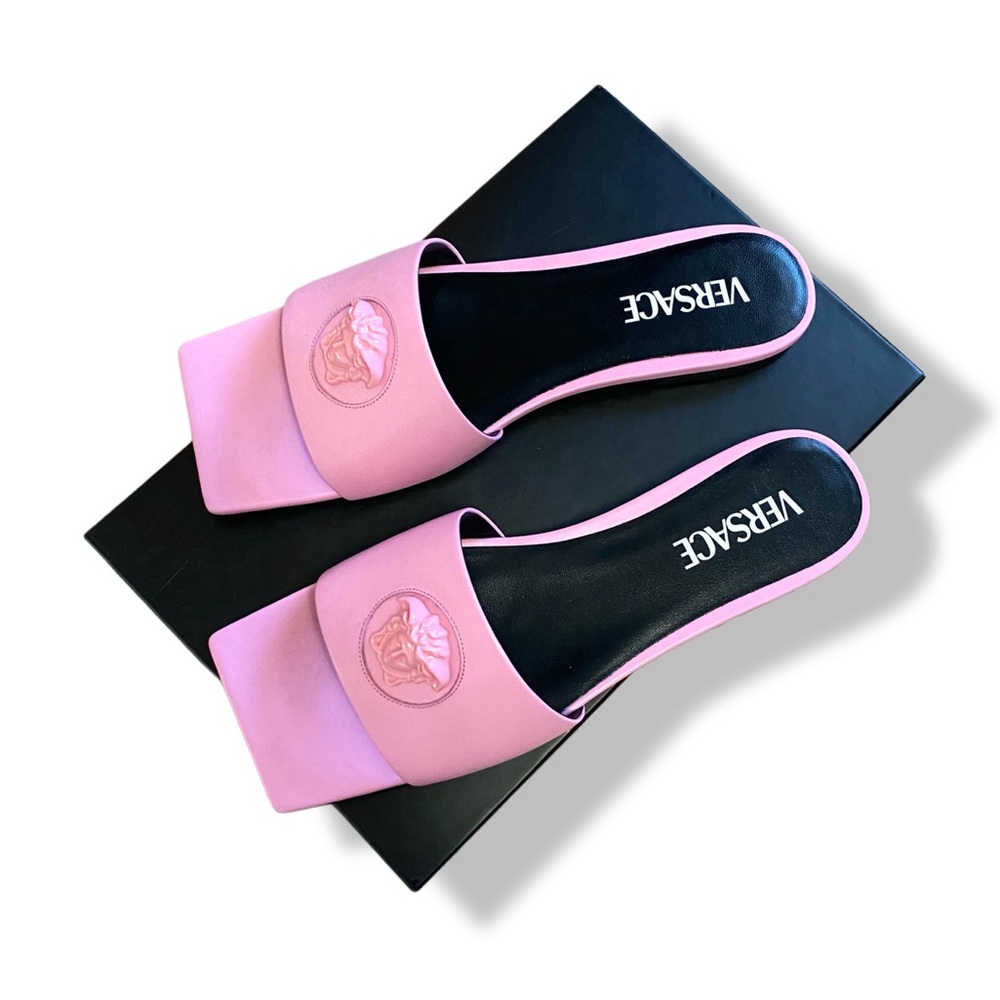 Versace Pink Medusa Logo Mule Slides, Brand New, Never Worn